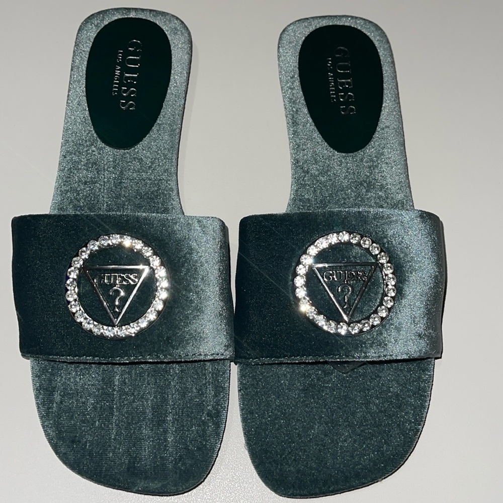 GUESS Women's Dark Gray Slippers with Rhinestone Detail